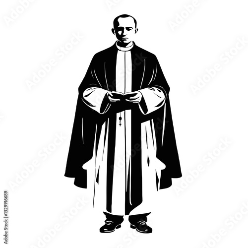 Black and White illustration of a Priest in traditional vestments standing in solemn posture during a religious ceremony