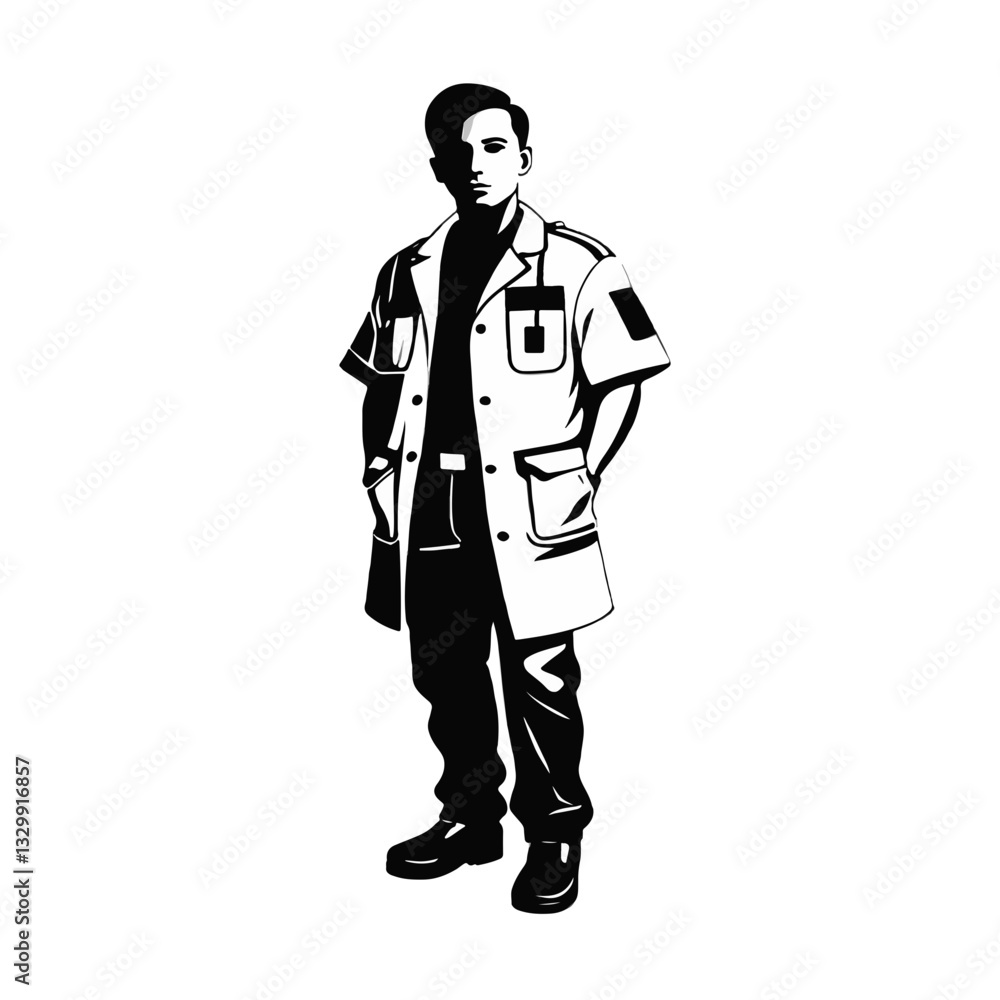 Medical professional in white coat standing confidently with arms at sides in a clinical setting during daytime Medical professional in white coat standing confidently with arms at sides in a clinical setting during daytime