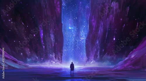 Silhouette of Person Gazing at a Vibrant Purple and Blue Starry Night Sky Between Tall Cliffs