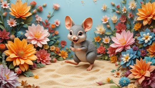 Adorable Grey Mouse in Vibrant Paper Flower Garden Delightful 3D Rendered Image