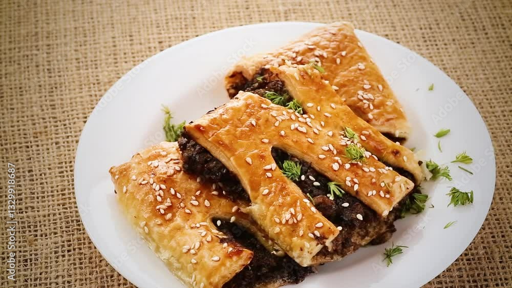Golden puff pastries with mushroom filling and sesame seeds Golden puff pastries with mushroom filling and sesame seeds