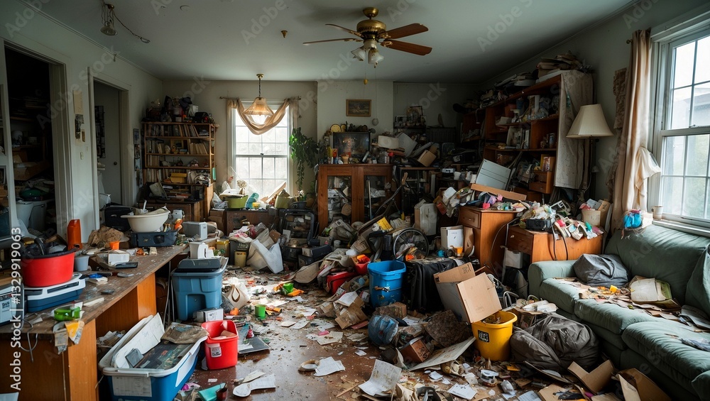 Obraz premium Inside a hoarder's chaotic and cluttered home