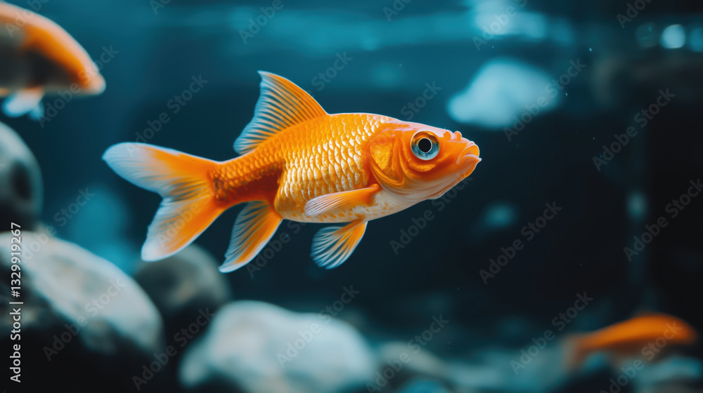 Goldfish swimming in an aquarium against a blurred underwater background Goldfish swimming in an aquarium against a blurred underwater background