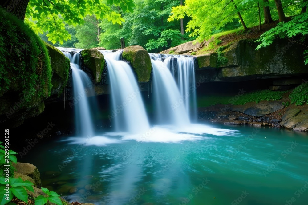 Obraz premium Waterfall foliage drips onto crystal clear water, foliage, peaceful, waterfalls