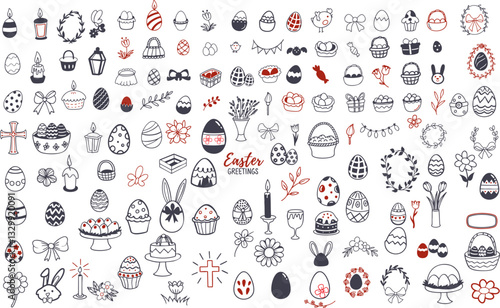 Easter themed illustrations featuring eggs, flowers, and festive decorations evoke whimsical celebration