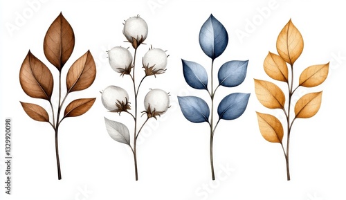 Watercolor Floral Branches with Cotton Blossoms Brown, Gray Blue, and Gold Leaves on White