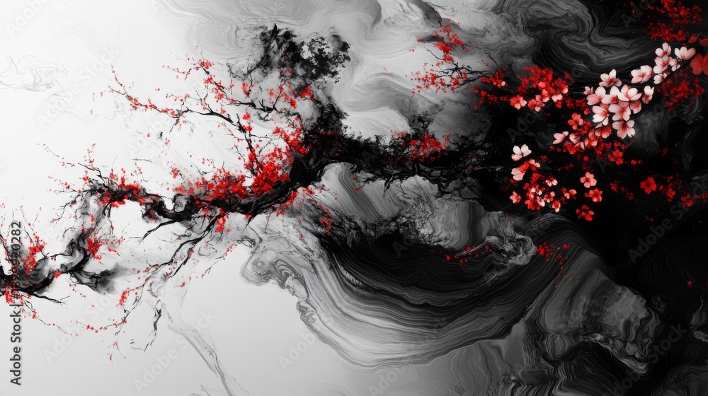 Abstract Red And Black Ink Painting With Cherry Blossoms Abstract Red And Black Ink Painting With Cherry Blossoms
