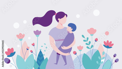 Tender Motherly Love: A heartwarming flat-color illustration of a mother gently embracing her baby during a tender stroll, symbolizing the unbreakable bond between a parent and    