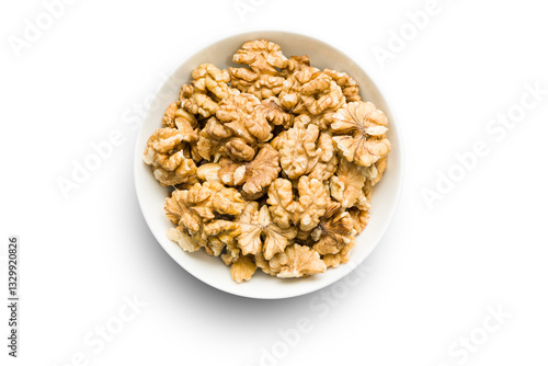Top view of shelled walnuts into bowl, isolated on transparent background. PNG Image.