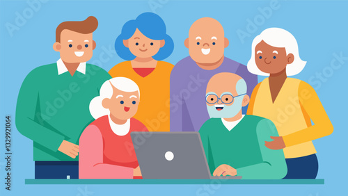 A group of seniors gathered around a laptop intently watching a YouTube video together and commenting on their favorite parts.. Vector illustration