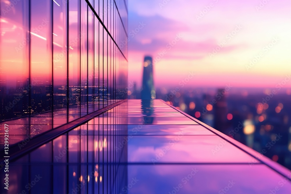 Obraz premium Stunning sunset view from a skyscraper's rooftop, reflecting city lights and vibrant sky.