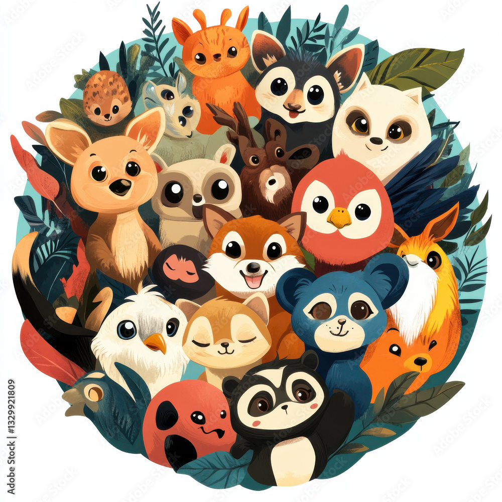 Naklejka premium animals, icon, wild , forest, characters, child, children , cute, concept art, baby, baby room, toddler, wall, painting, colorful , happy , cartoon ,