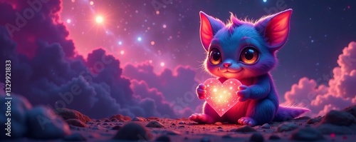 A cute blue creature holding a glowing heart under a starry sky.