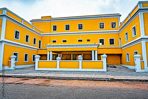 Fototapeta Naklejka Na Ścianę i Meble -  Vibrant Colourful Digital Art Illustration - A generic French-style buildings street in a union territory at French colony, Pondicherry also as Puducherry, Tamil Nadu, South India.