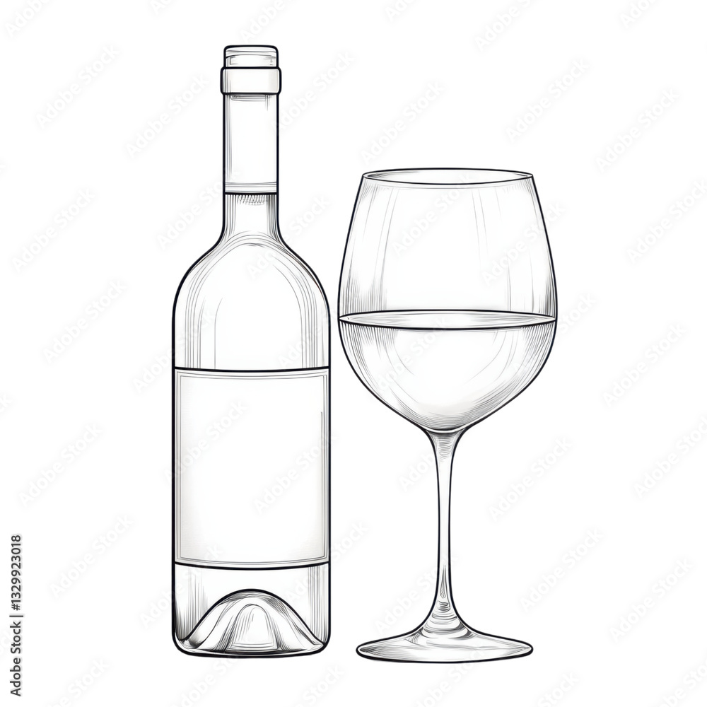 isolated transparent Background. fine line drawing of wine bottle and glass, showcasing elegance and simplicity isolated transparent Background. fine line drawing of wine bottle and glass, showcasing elegance and simplicity