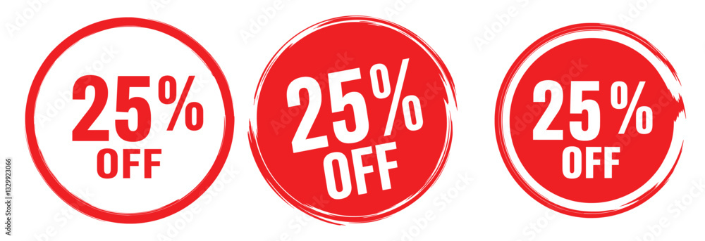 Red Circle Discount Badges: A trio of eye-catching red circular badges prominently display a Red Circle Discount Badges: A trio of eye-catching red circular badges prominently display a