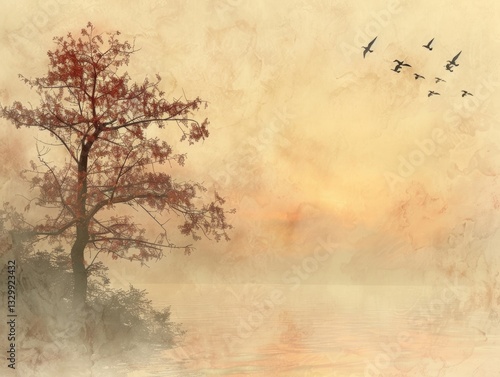 Tree is in the foreground of a painting of a lake