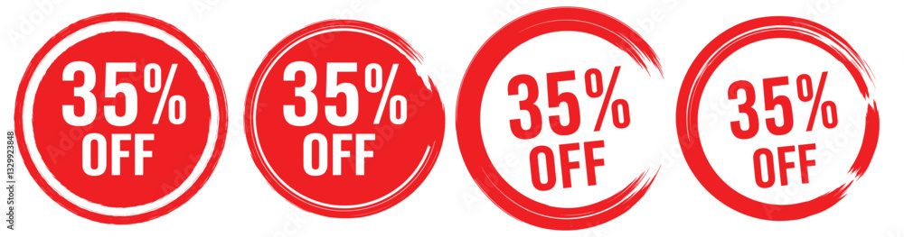 Red Discount Badges: Four red round badges prominently display Red Discount Badges: Four red round badges prominently display