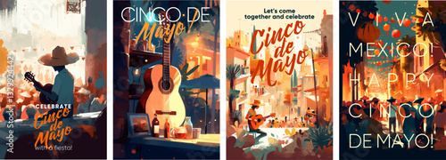 A vibrant Cinco de Mayo poster featuring a festive scene with a guitarist and celebratory atmosphere. The warm tones and colorful setting invite people to join the fiesta.