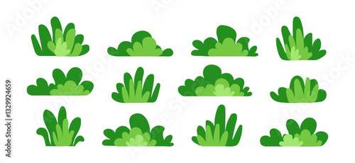 Bush grass, forest tree and plant, green garden icon. Cartoon symbol park, leaf, lawn. Landscape and meadow, abstract field, cute foliage set isolated on white background. Nature vector illustration