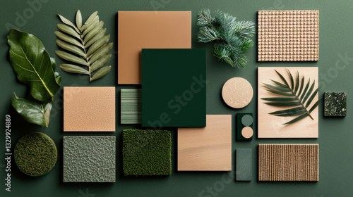 A vibrant arrangement of foliage and textures showcasing natural materials and greenery.