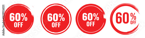 60% Off Stickers: Vibrant red circular stickers showcasing a significant 60% discount, perfect for promotions and sales, clearly displayed for maximum impact.