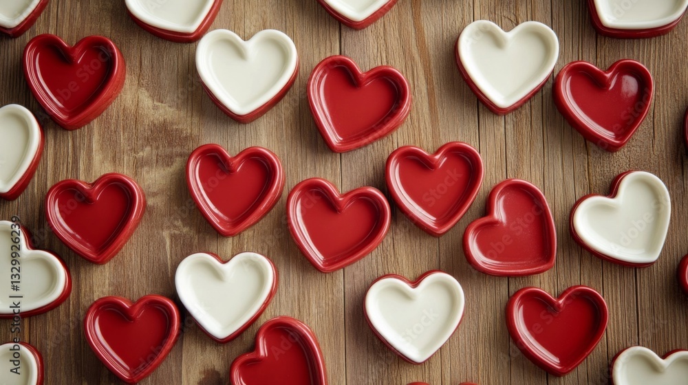 Red and white heart shaped dishes on wood Red and white heart shaped dishes on wood