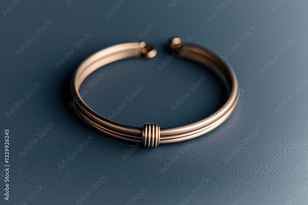 Elegant gold toned open bangle bracelet resting on a textured blue surface, showcasing its minimalist design and craftsmanship with its smooth, curved form and distinctive detailing. Elegant gold toned open bangle bracelet resting on a textured blue surface, showcasing its minimalist design and craftsmanship with its smooth, curved form and distinctive detailing.