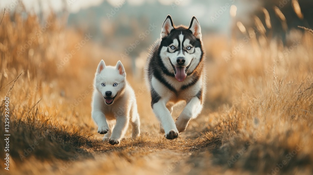 Playful adult husky and white blue-eyed puppy outdoor park photo session natural setting side view heartwarming bond Playful adult husky and white blue-eyed puppy outdoor park photo session natural setting side view heartwarming bond