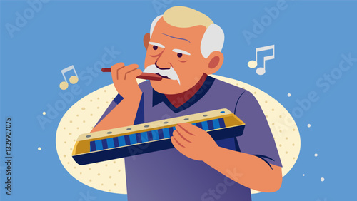 A harmonica passed down through generations of musicians finally finds its way into the hands of a senior musician as they record their latest blues track.. Vector illustration
