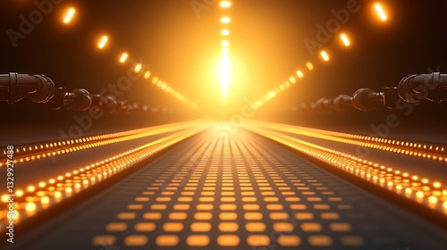 Illuminated Futuristic Pathway with Robotic Arms and Bright Orange Lights