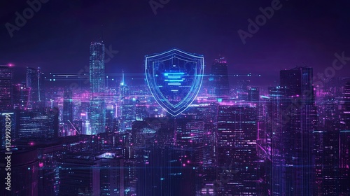 A glowing digital shield hovers above a futuristic city skyline at night, protecting flowing data streams represented by neon light trails. Cyberpunk aesthetic with deep blue and purple tones
