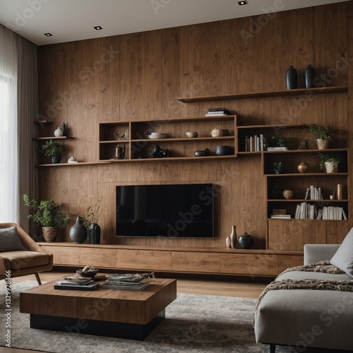 Luxurious living room with a textured wooden panel wall, a built-in media unit, and open shelving, with soft natural light pouring in from a wide window. photo