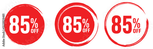 Save Big: Bold 85% off sale tags in vibrant red hues, signifying incredible savings and unbeatable deals, perfect for promotions.