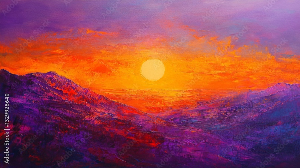 Fototapeta premium Vibrant Sunset Over Purple Mountains Painting