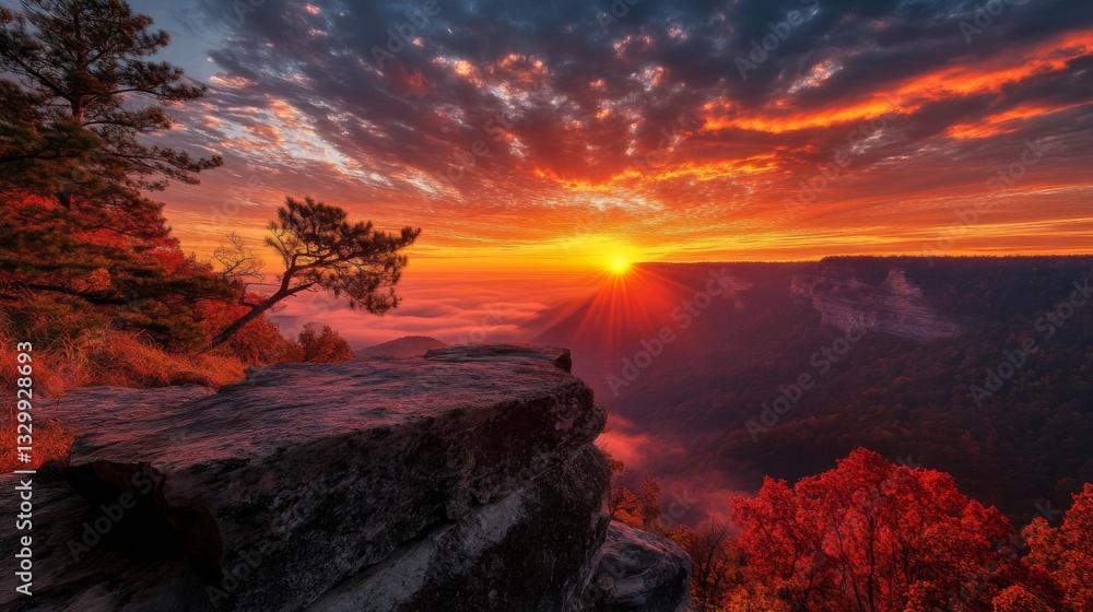 Fototapeta premium Vibrant Autumn Sunset Over a Misty Canyon