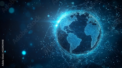 glowing Earth is surrounded by a digital firewall, global data protection. Cybernetic elements weave around the planet, representing a protective network. Deep blue tones, futuristic aesthetic