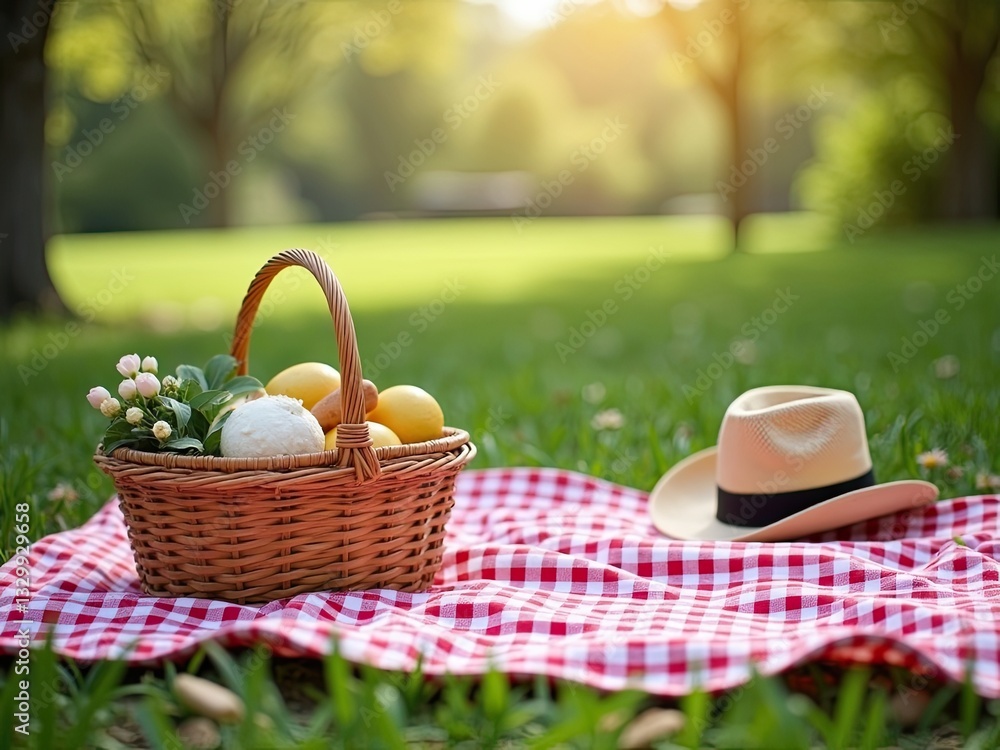 Relaxing Picnic Scene with Basket and Hat in Nature Relaxing Picnic Scene with Basket and Hat in Nature