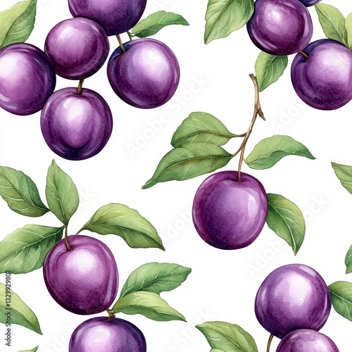 Watercolor Plums Seamless Pattern Purple Fruit and Green Leaves on White