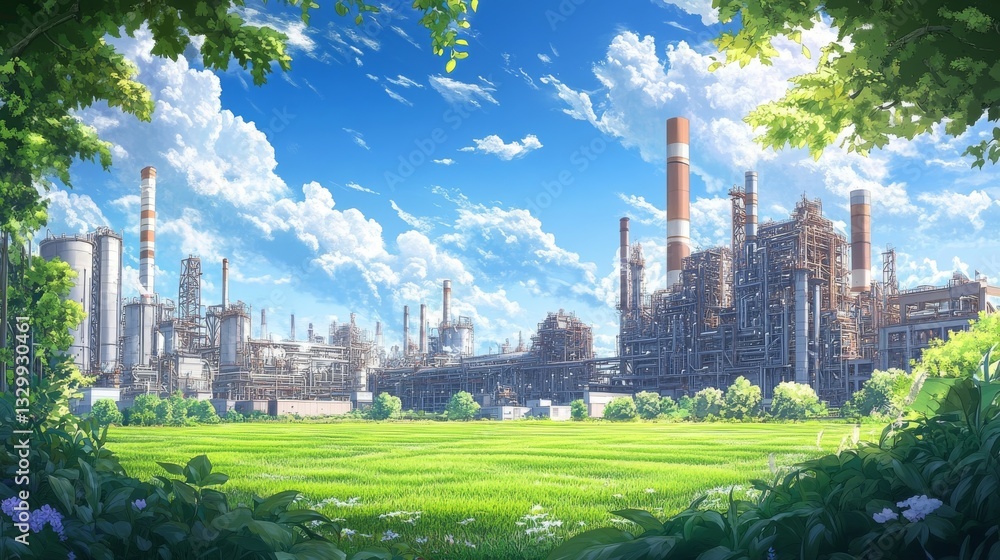 Fototapeta premium A cutting-edge sugarcane processing facility nestled beside extensive green fields, demonstrating the successful merger of agricultural techniques and bioethanol production for green energy