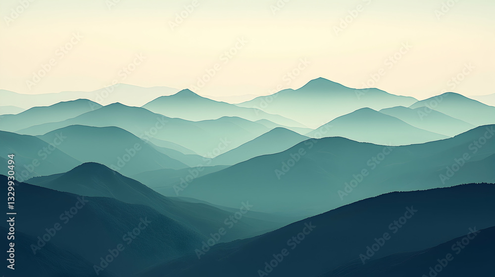 Naklejka premium Layered Mountain Range Landscape with Foggy Blue Hues and Soft Light