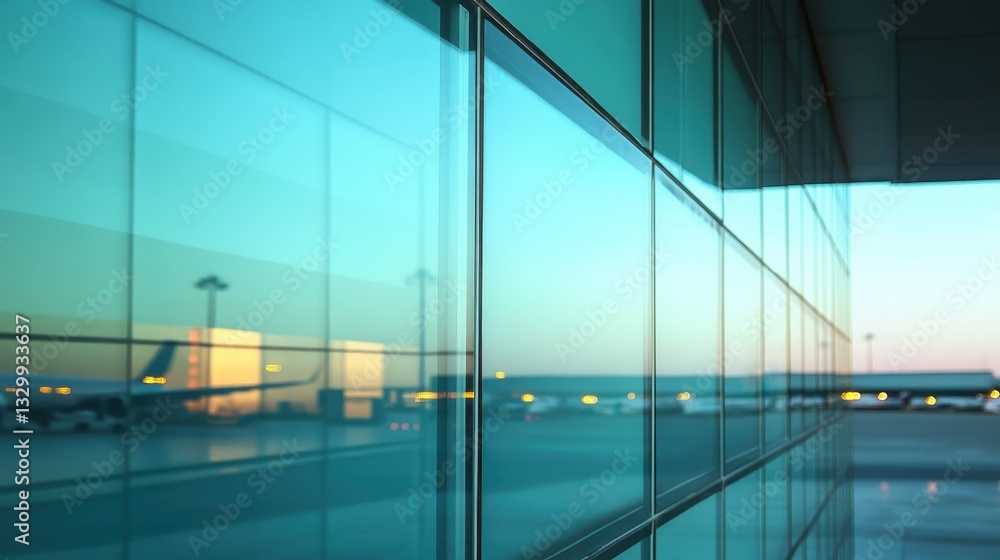 Obraz premium A close-up of modern airport architecture reflecting a tranquil twilight sky.