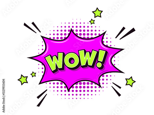 Comic speech bubble or burst ballon with wow exclamation in front of halftone dots pattern background with stars and quotation marks. Isolated vector illustration.