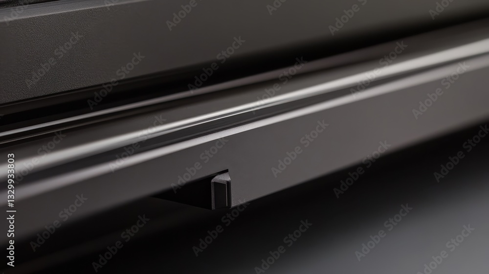 Close-up view of a sleek black metallic surface with a minimalist design feature. Close-up view of a sleek black metallic surface with a minimalist design feature.