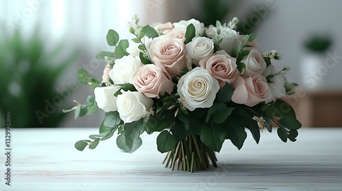 A beautiful bouquet of white and pink roses sits on a table