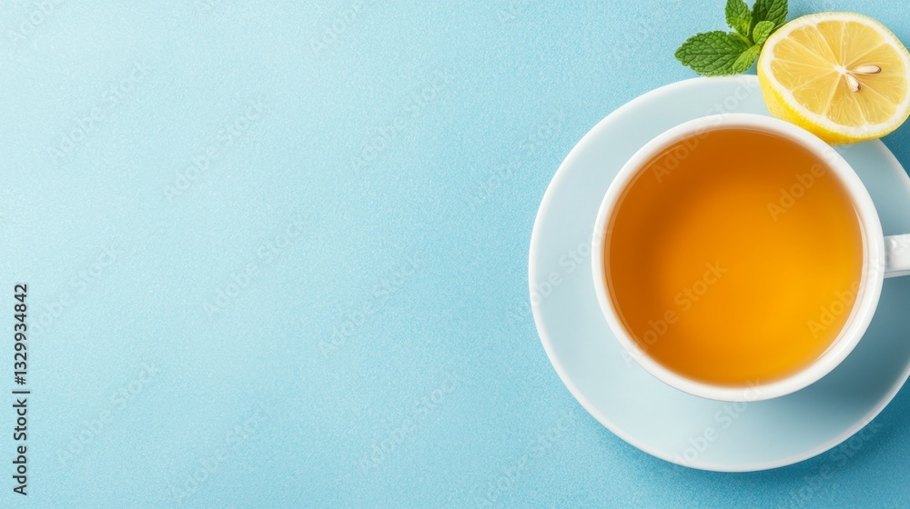 a cup of tea with a slice of lemon and mint leaves on a saucer, set against a blue background a cup of tea with a slice of lemon and mint leaves on a saucer, set against a blue background