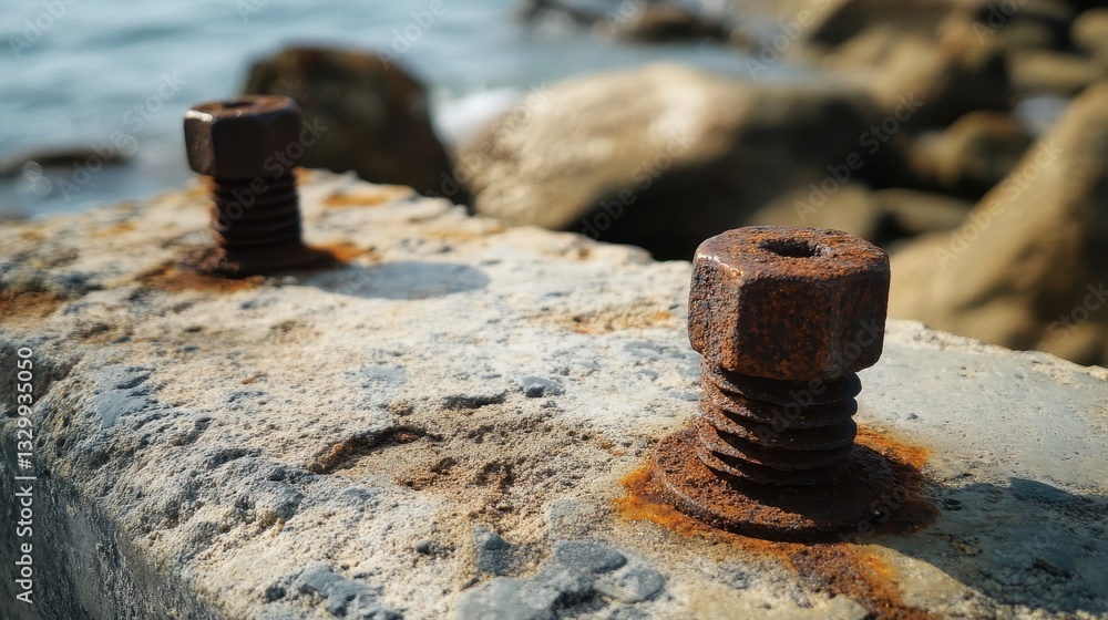 Close-up of weathered rusted bolts on a concrete surface against a blurred natural background. Close-up of weathered rusted bolts on a concrete surface against a blurred natural background.