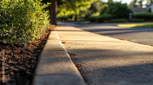 Wallpaper Mural A serene view of a suburban sidewalk framed by lush greenery and a softly lit atmosphere. Torontodigital.ca