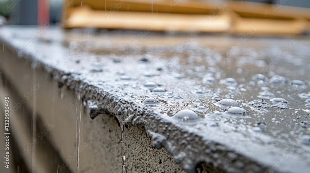 Close-up of rain droplets cascading off a textured concrete surface, evoking a fresh and serene atmosphere. Close-up of rain droplets cascading off a textured concrete surface, evoking a fresh and serene atmosphere.