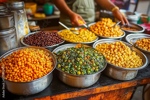 Vendor showcases vibrant snacks at bustling market stall in the afternoon sun.